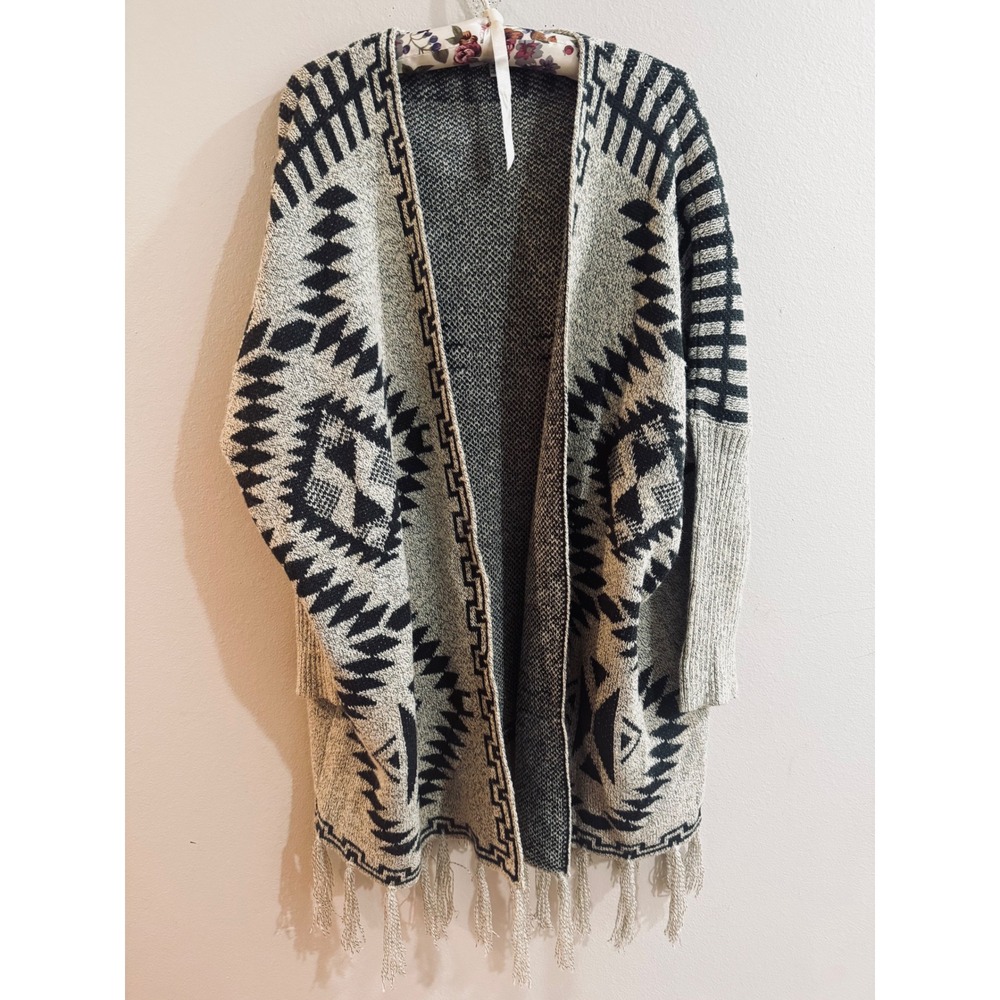 Oceanus Womens Southwestern Geometric Fringe Open Front Cardigan Black Medium